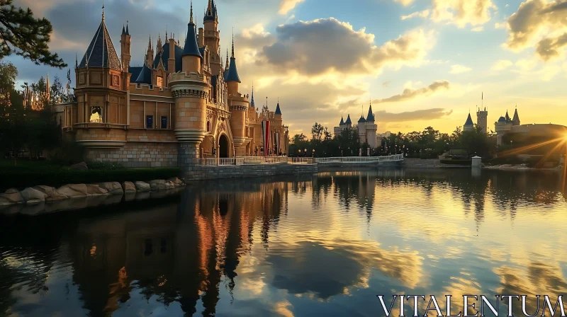 AI ART Majestic Castle by the Lake Under Golden Sunset