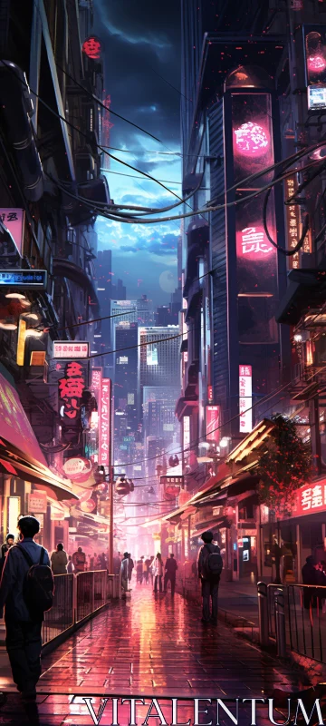 Futuristic Urban Street Bathed in Neon Glow AI Image