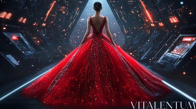 Woman in Striking Red Dress in a Futuristic Setting AI Image