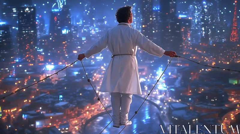 High-Rise Tightrope Walk Amidst City Lights AI Image