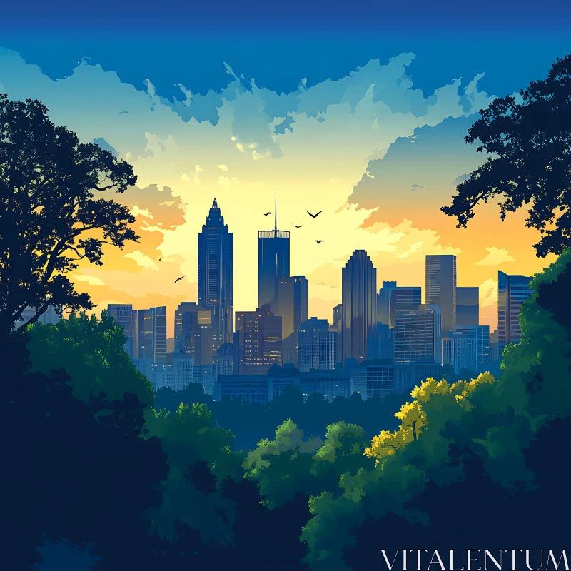 Urban Sunset: City Skyline Framed by Trees AI Image