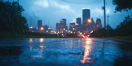 City Lights Reflected on Wet Streets during Rain