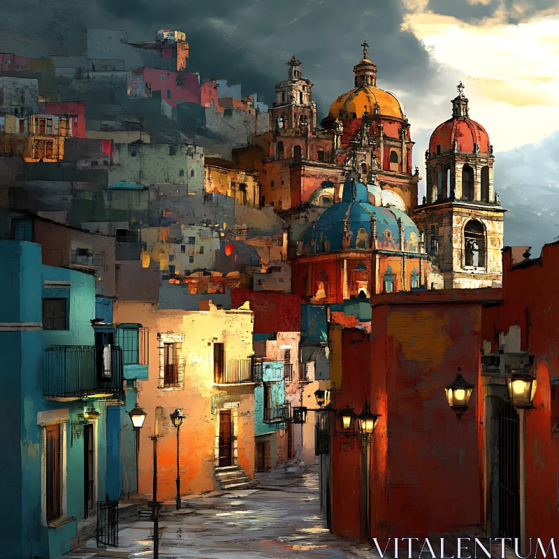 AI ART Vibrant Ancient City Street Scene with Domed Towers