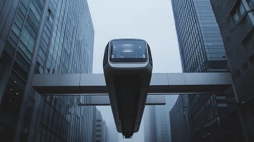 Modern Elevated Train in a Misty Cityscape