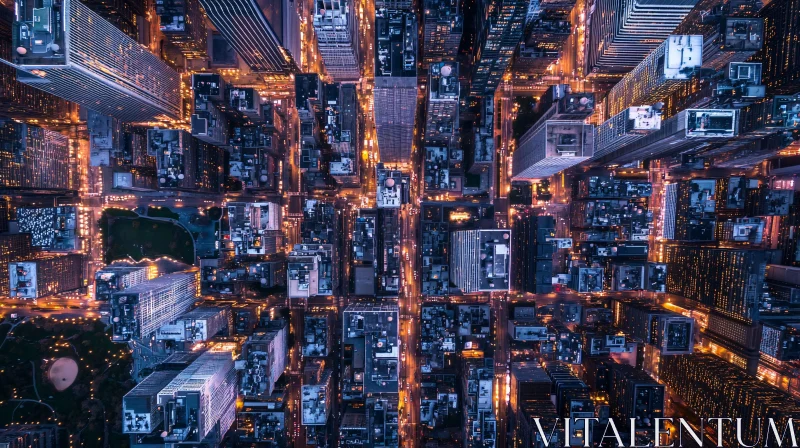 Aerial Cityscape at Night with Bright Lights AI Image