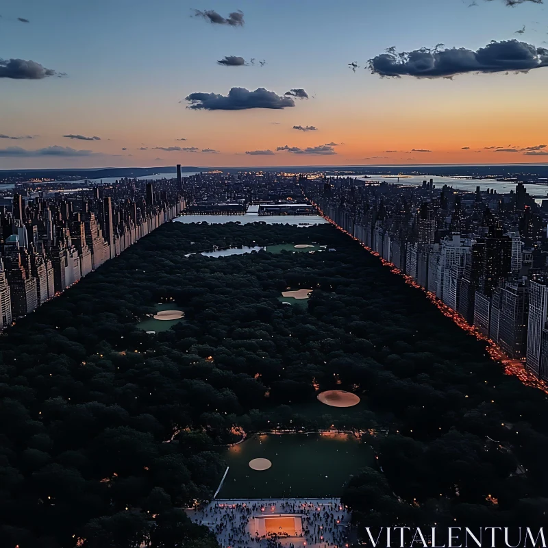 AI ART Cityscape at Dusk with Lit Park and Sunset