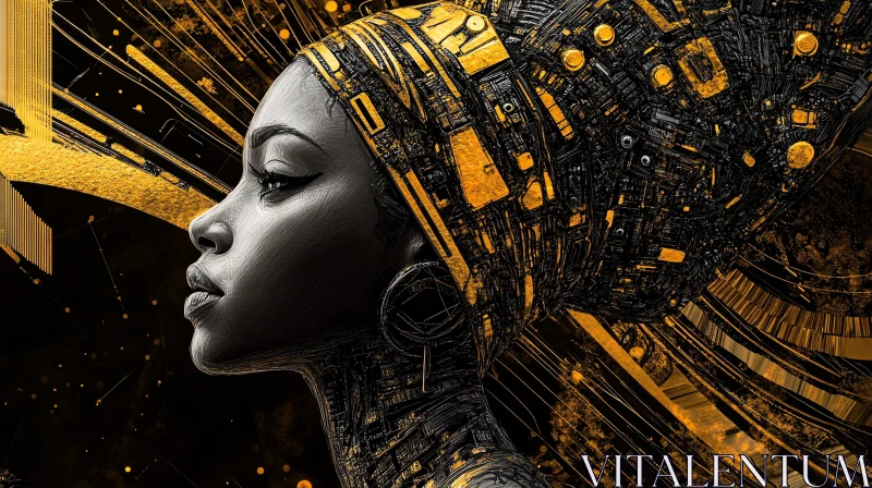 Abstract Futuristic Woman Portrait in Gold and Black AI Image