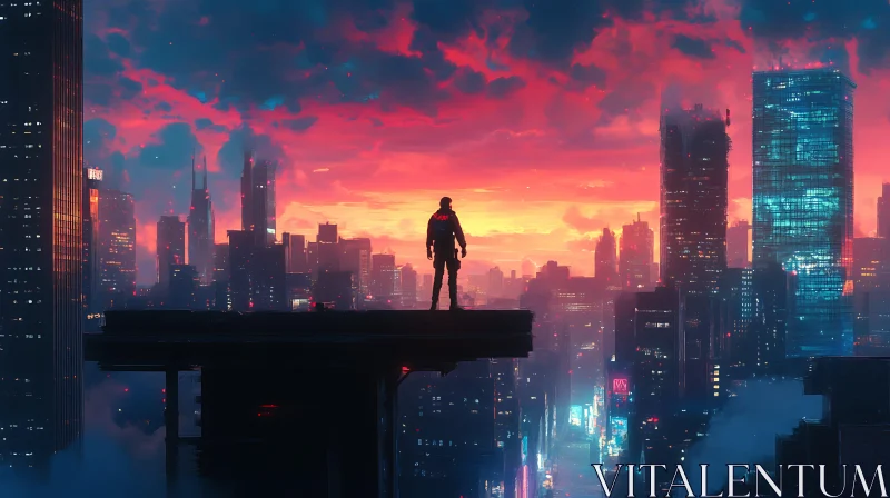 Silhouetted Figure Overlooking Neon-Lit Futuristic City AI Image