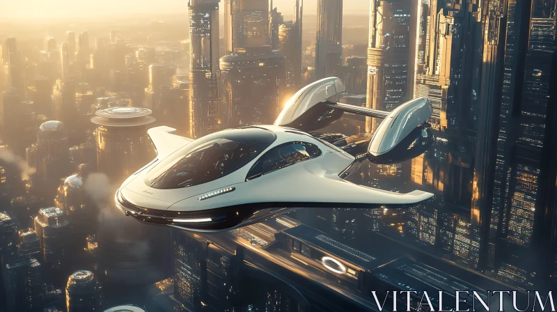 Advanced Flying Vehicle in a Futuristic Urban Setting AI Image