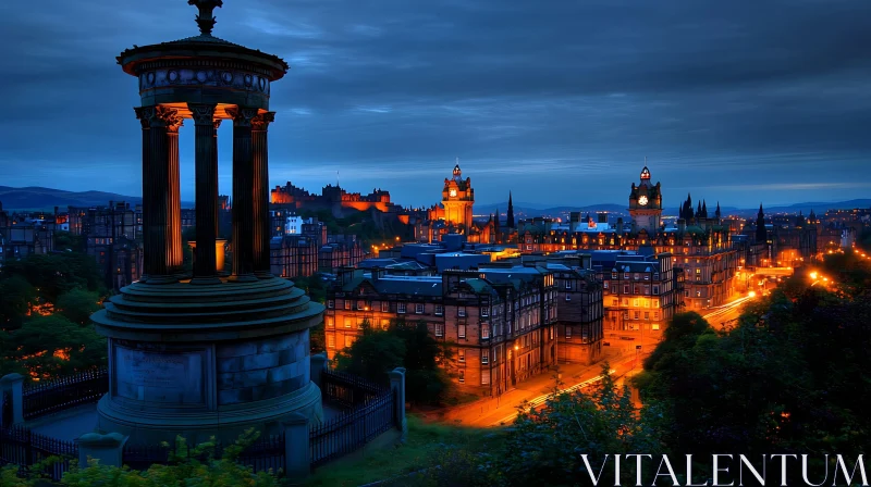 Illuminated City at Dusk with Architectural Monument AI Image