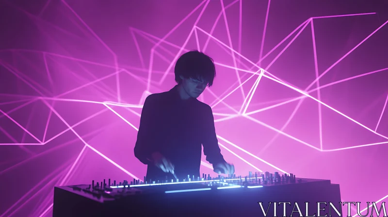 DJ in Action with Mesmerizing Light Patterns AI Image