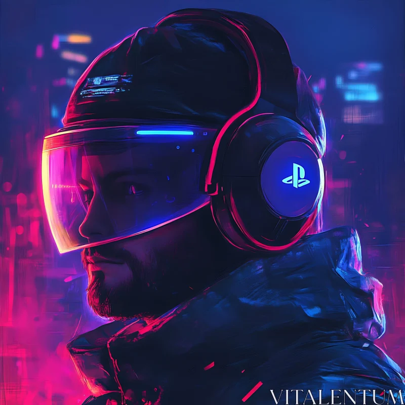 Futuristic VR Headset in Cyberpunk Cityscape AI Image