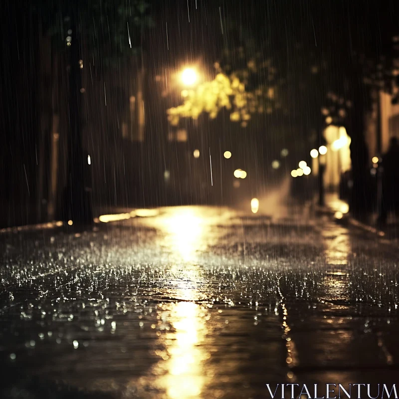 Nighttime Rainfall on an Urban Street AI Image