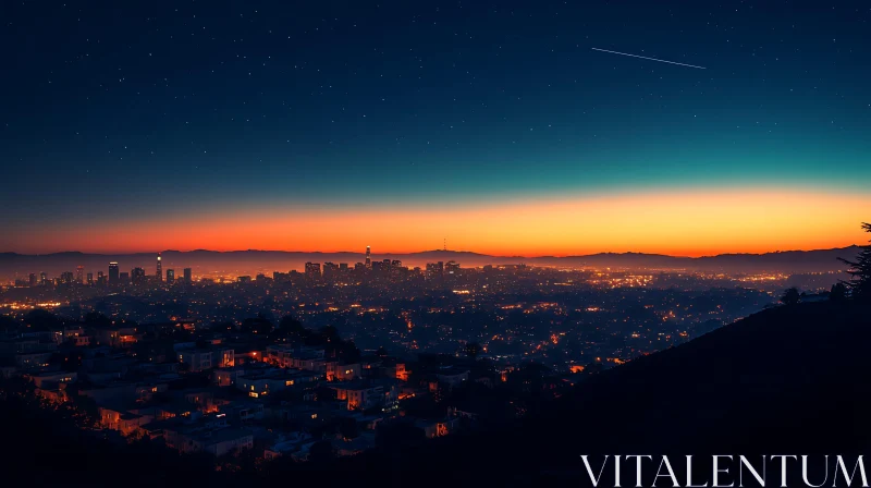 Nightfall Over the City with a Shooting Star AI Image