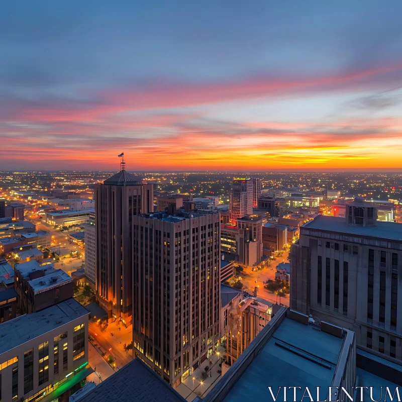 Sunset Cityscape with Skyscrapers and Urban Lights AI Image