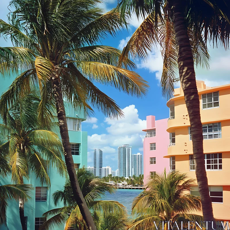 Pastel Cityscape with Tropical Palm Trees AI Image