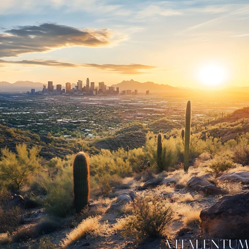 AI ART Scenic Sunset with City Skyline and Desert Cacti