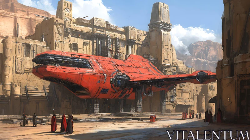 AI ART Massive Red Spacecraft Hovering in Futuristic Desert City