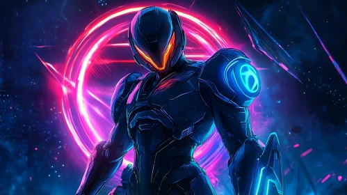 Neon-Glowing Cyborg Amidst Sci-Fi Backdrop