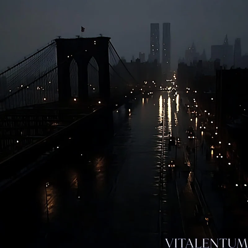 Enigmatic Night View of Bridge with Reflective Pavement AI Image