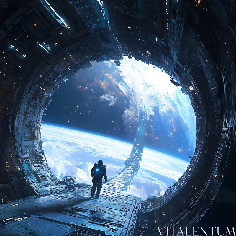 AI ART Astronaut Standing in a Futuristic Space Station Looking at Earth