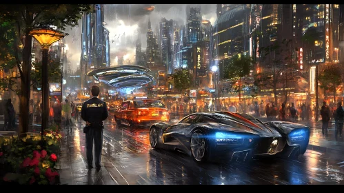 Advanced Cityscape with Neon Lights and Modern Car