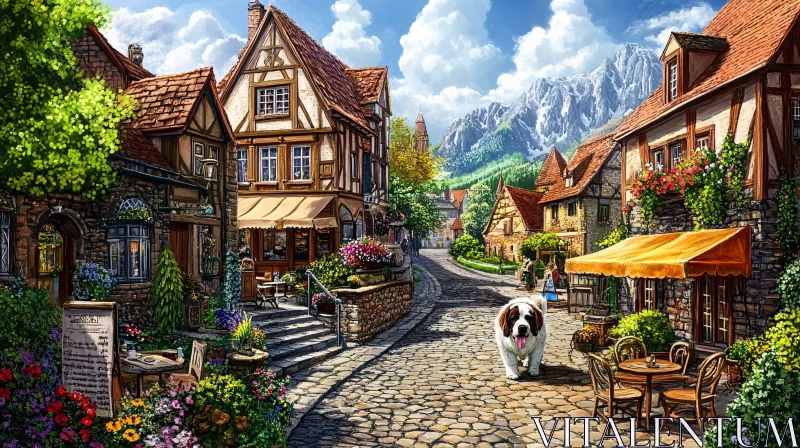 Picturesque Village Street with Mountains and Dog AI Image