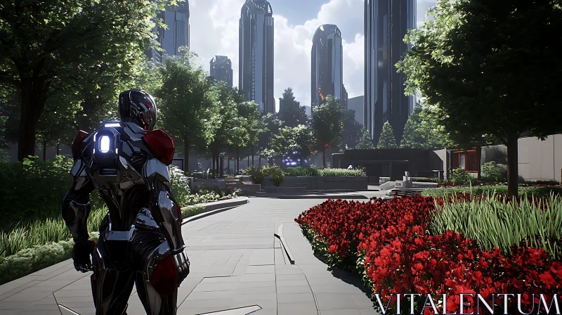 Humanoid Robot Amidst Urban Greenery and Skyscrapers AI Image