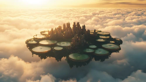 Floating Island City in a Golden Cloudscape