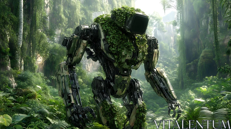 Mechanical Cyborg in a Lush Green Forest AI Image