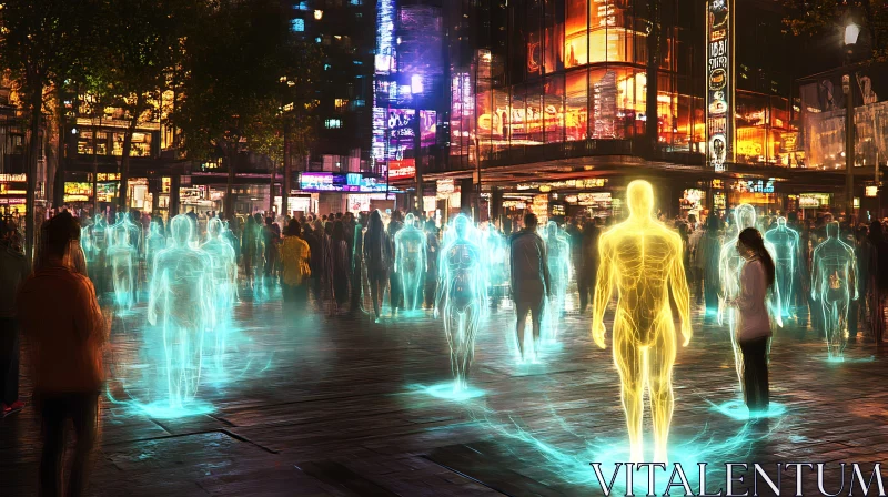 Neon-Lit Urban Scene with Holographic Figures AI Image