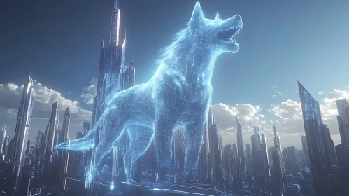 Giant Wolf Hologram in a Futuristic Urban Setting