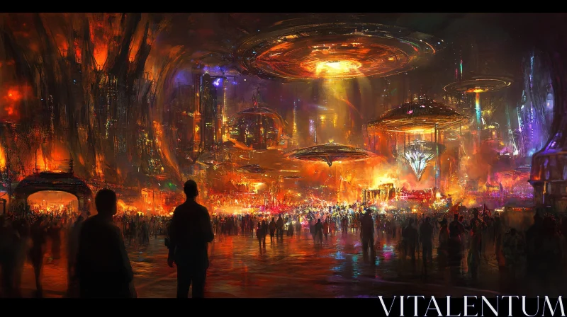 Futuristic City with Neon Lights and Spaceships AI Image