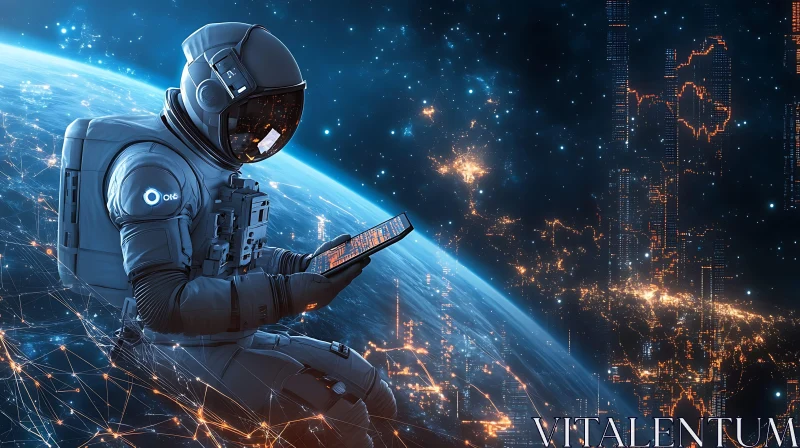 Futuristic Astronaut Utilizing Advanced Technology in Space AI Image