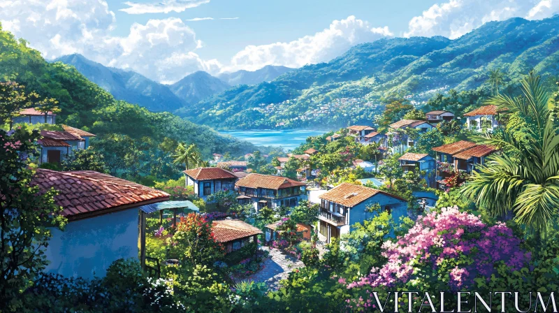 Idyllic Countryside Village with Terracotta Roofs and Floral Surroundings AI Image