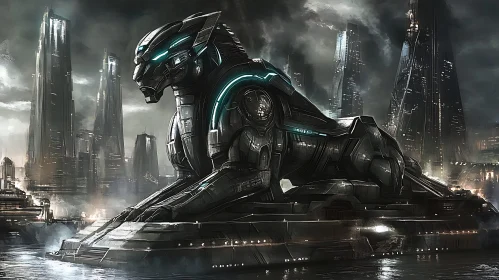 Futuristic Urban Scene with Robotic Sphinx