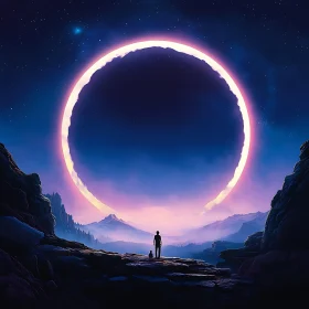 Person and Child Under a Glowing Eclipse in Night Sky