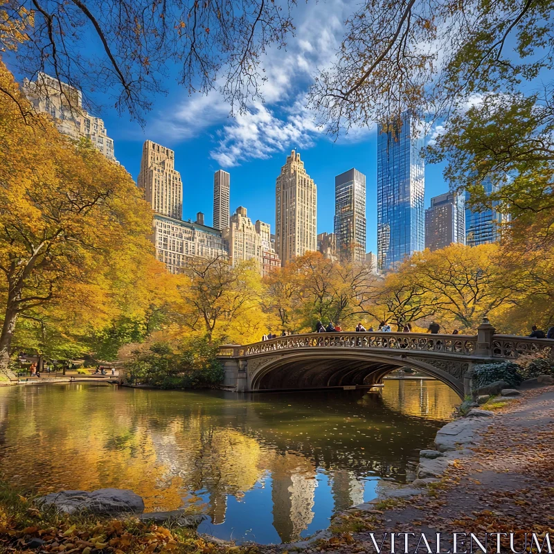 City Park in Autumn with Skyscrapers and Bridge AI Image