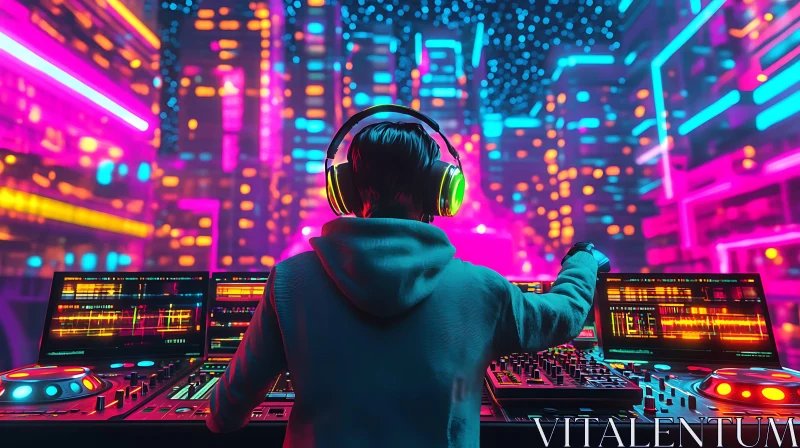 DJ Mixing in Neon Future City AI Image