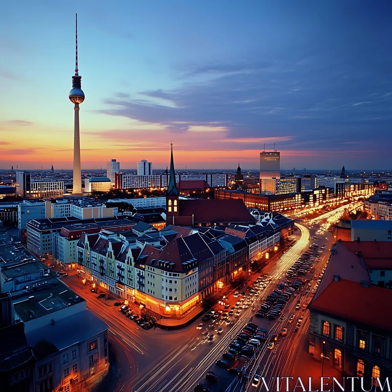 Stunning Urban Evening Scene with Illuminated Streets AI Image