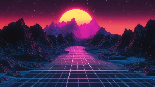 Futuristic Sunset Over Neon Mountains