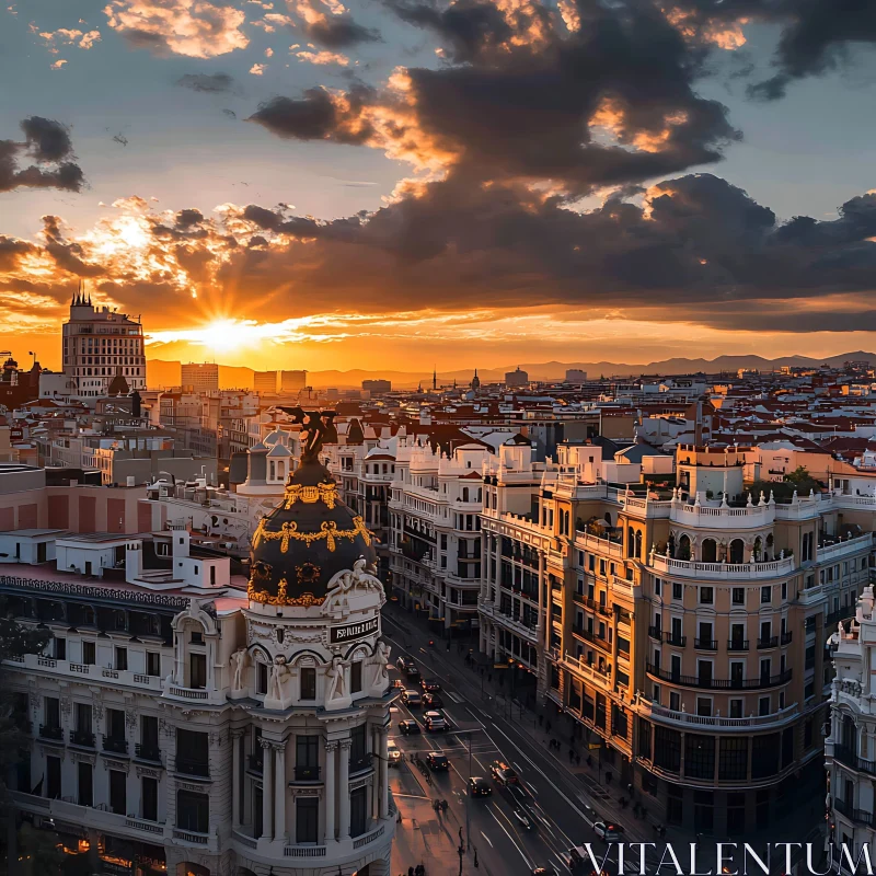 Golden Sunset Over City with Historic Buildings AI Image