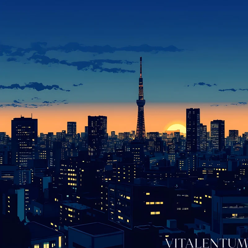 AI ART Urban Sunset with Glowing Skyline