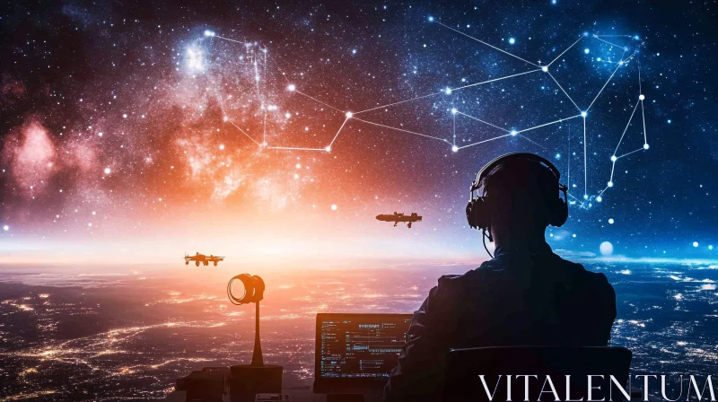 Person with Technology Monitoring Drones in Space AI Image