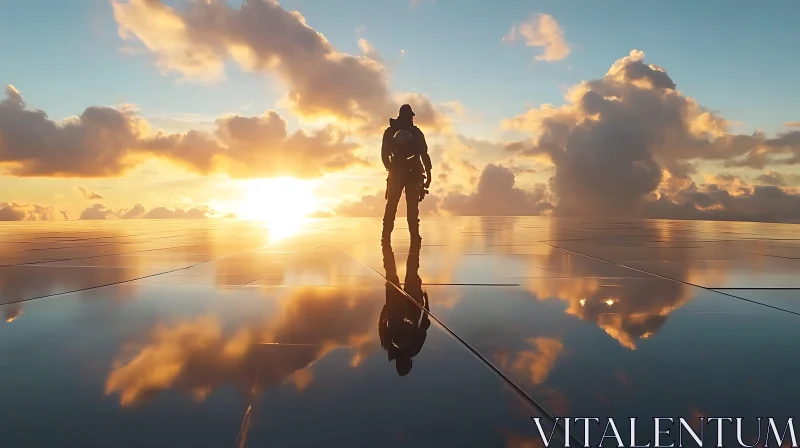 Surreal Sunset Reflection with Lone Figure AI Image