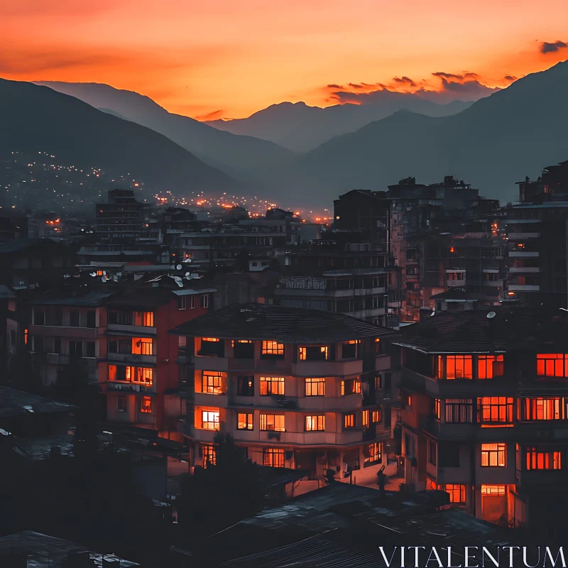 Urban Sunset with Illuminated City Buildings and Mountains AI Image