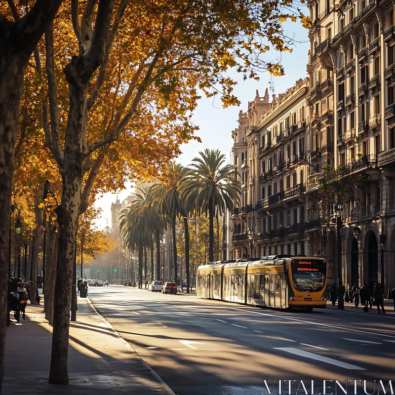 Urban Autumn Scene with Tram and Historic Buildings AI Image