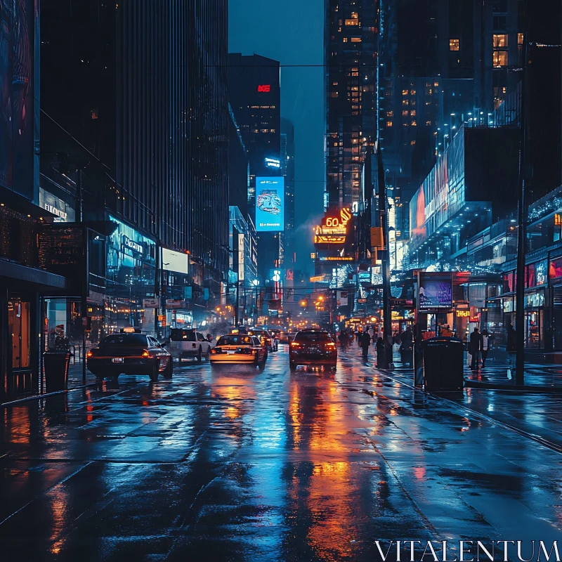 Urban Nightscape in the Rain with Reflective Surfaces AI Image