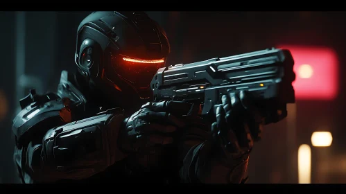 Cyborg Warrior in Armor with Futuristic Gun