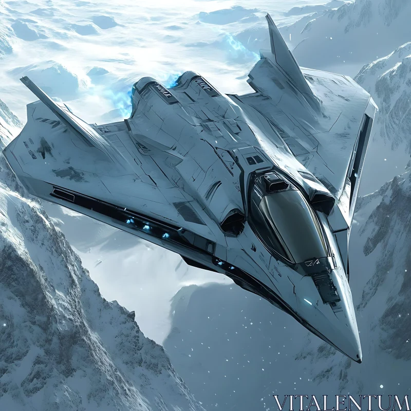 Spaceship Over Snowy Peaks AI Image